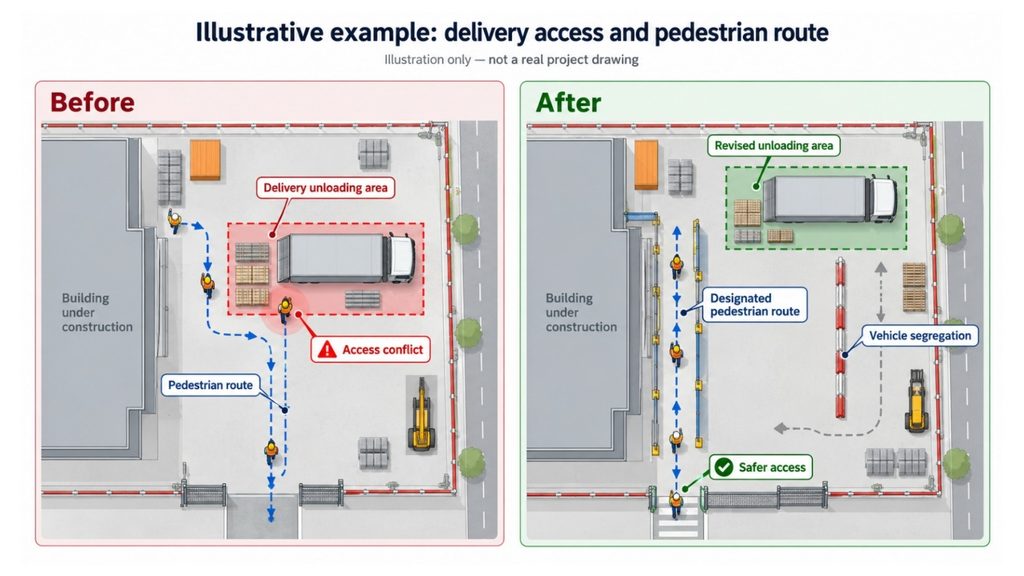 A side-by-side overhead illustration showing a construction site layout before and after safety improvements are made. The "Before" side shows a dangerous setup where a winding pedestrian walking route goes right through an active delivery unloading area, creating a hazardous access conflict near a parked truck. The "After" side shows a much safer, organized layout where the pedestrian route is straightened out and protected by physical barriers. The delivery truck is moved to a separate, dedicated unloading area, and there is clear segregation between walking paths and vehicle traffic.